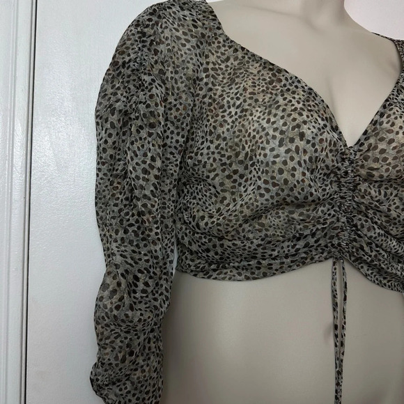 Zara Blouse Size Large Sheer Leopard Print Cropped V-Neck Ruched Side Zip #1356 - Picture 5 of 10